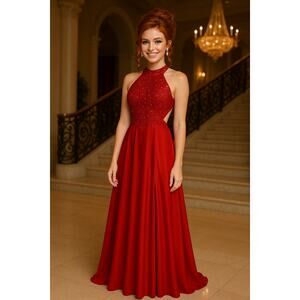 Betsy & Adam Red Rhinestone Halter Evening Gown Formal Dress - Size 4